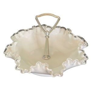 Fenton Candy Dish Silver Crest Hobnail Milk Glass Metal Stem 7.75" x 5" Vintage